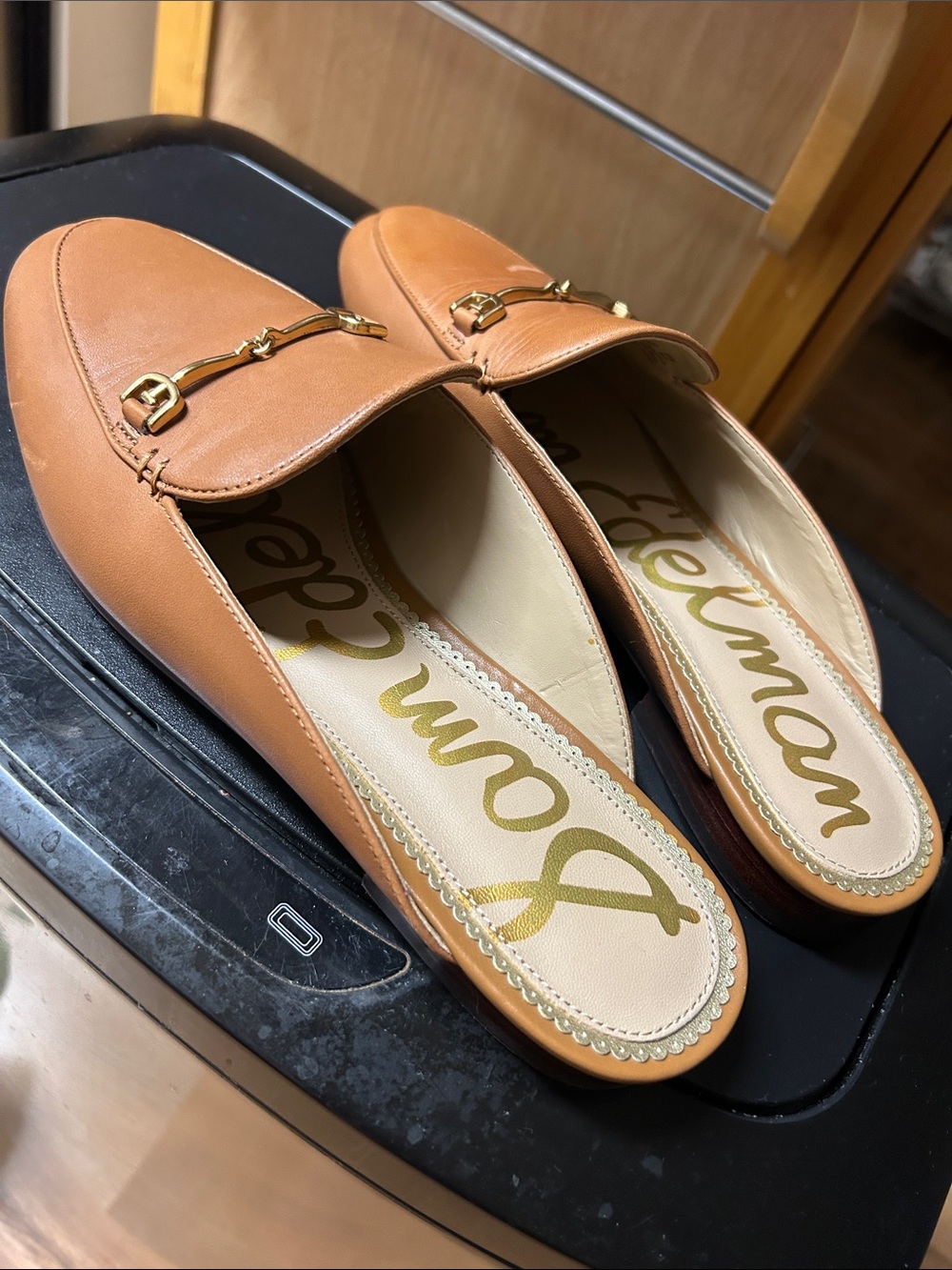 Sam Edelman Tan/Brown Leather Backless Horsebit Mules